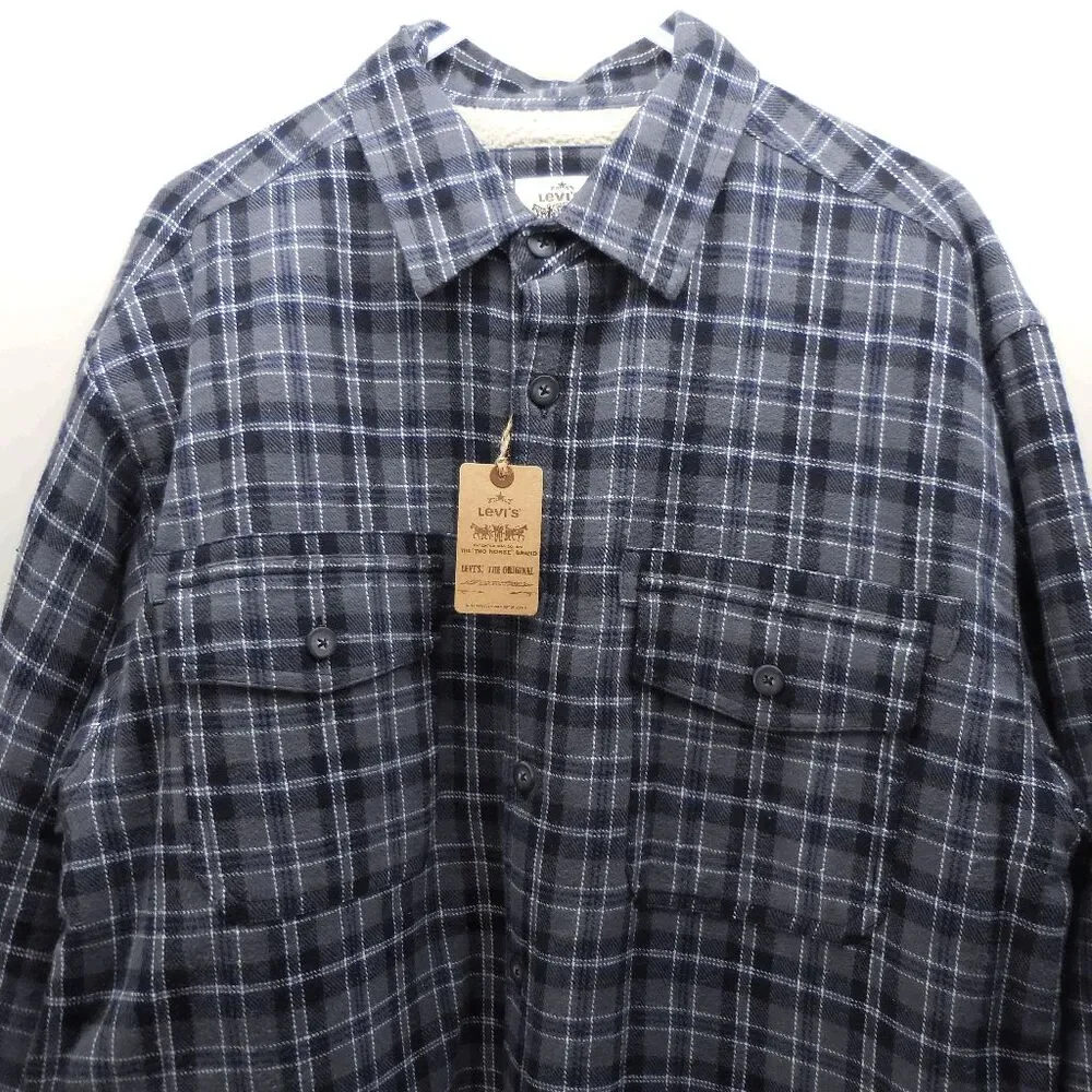 NEW Levi's Mens L Gray Blue Plaid Jacket Sherpa Lined Shacket Button Chore Coat - Picture 4 of 8
